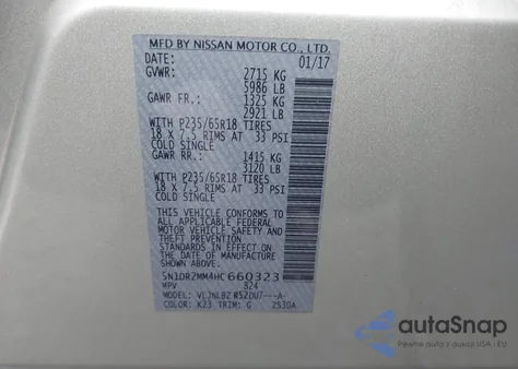 2017 Nissan Pathfinder S из США, поврежденный, VIN 5N1DR2MM4HC660323